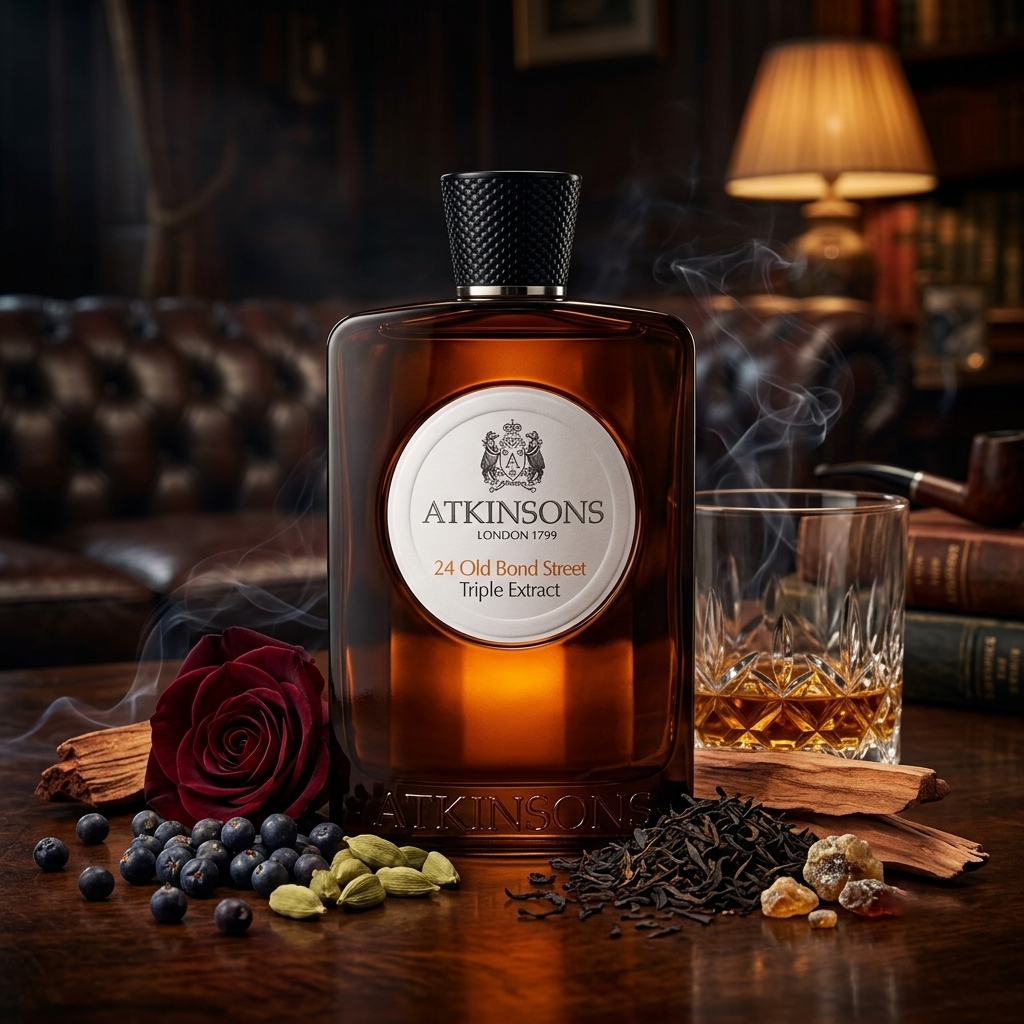 Frasco ámbar marrón de Atkinsons 24 Old Bond Street Triple Extract con tapón de rejilla negro, sobre madera con whisky, rosa turca y té negro, estilo Casa Flores.
