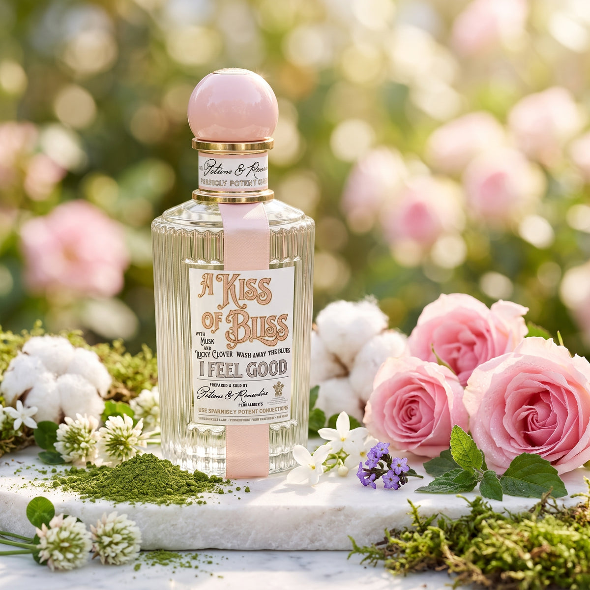 Frasco de cristal acanalado estilo boticario con tapón esférico rosa pastel de A Kiss Of Bliss de Penhaligon's, rodeado de té matcha, trébol blanco, rosas y almizcle, estilo Casa Flores.