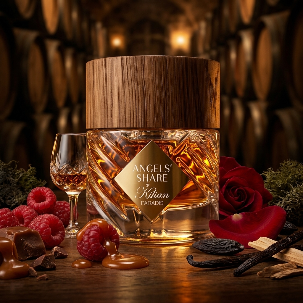 Frasco de cristal en espiral con tapón de madera de By Kilian Angels' Share Paradis sobre roble oscuro con coñac, frambuesas y caramelo, estilo Casa Flores.