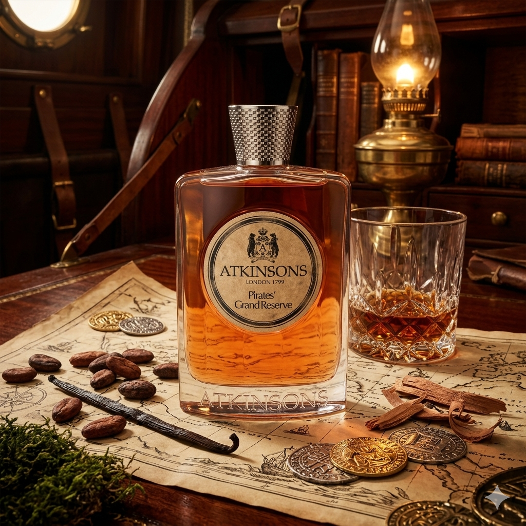 Frasco de Atkinsons Pirates' Grand Reserve sobre un mapa antiguo con ron oscuro, granos de cacao, vainilla y madera de cedro, estilo Casa Flores.