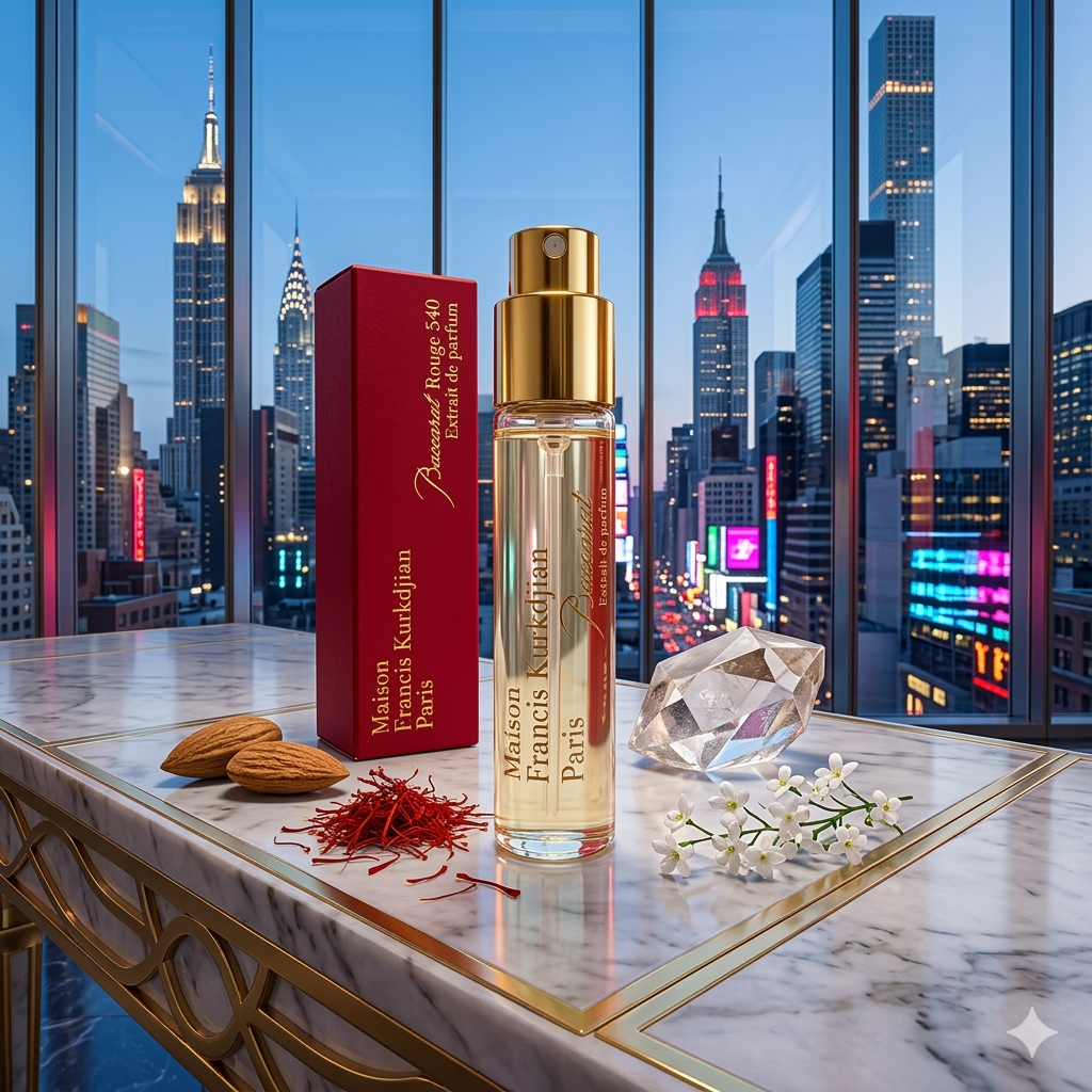 Frascos oficiales de viaje de Baccarat Rouge 540 Extrait de Parfum en estuche rojo de lujo, estilo Casa Flores.