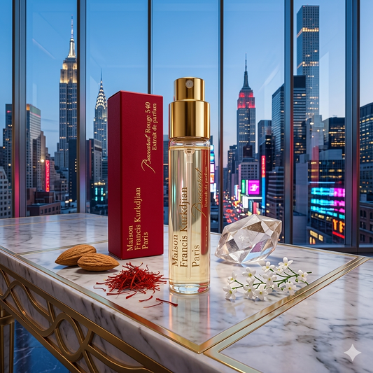 Frascos oficiales de viaje de Baccarat Rouge 540 Extrait de Parfum en estuche rojo de lujo, estilo Casa Flores.