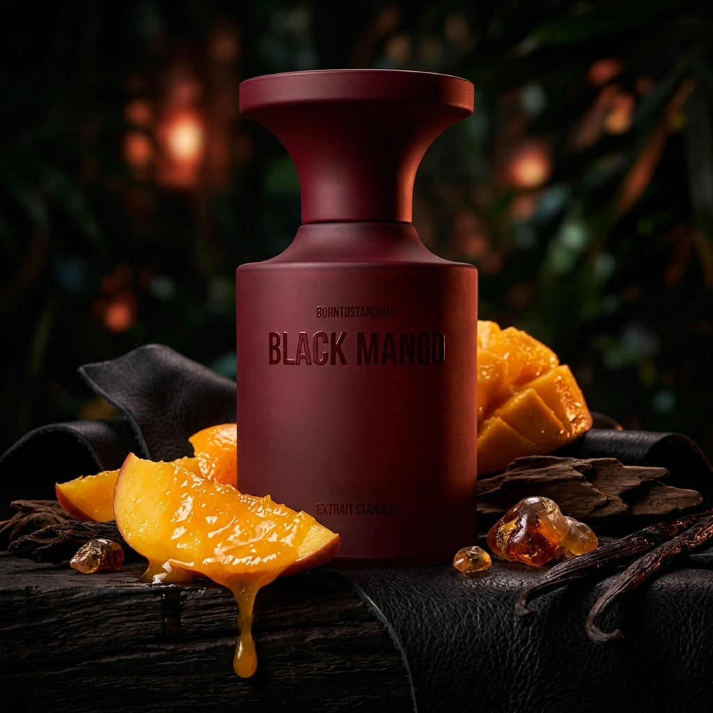 Frasco borgoña mate de BORNTOSTANDOUT Black Mango sobre madera oscura con mango maduro, oud, cuero y vainilla, estilo Casa Flores.