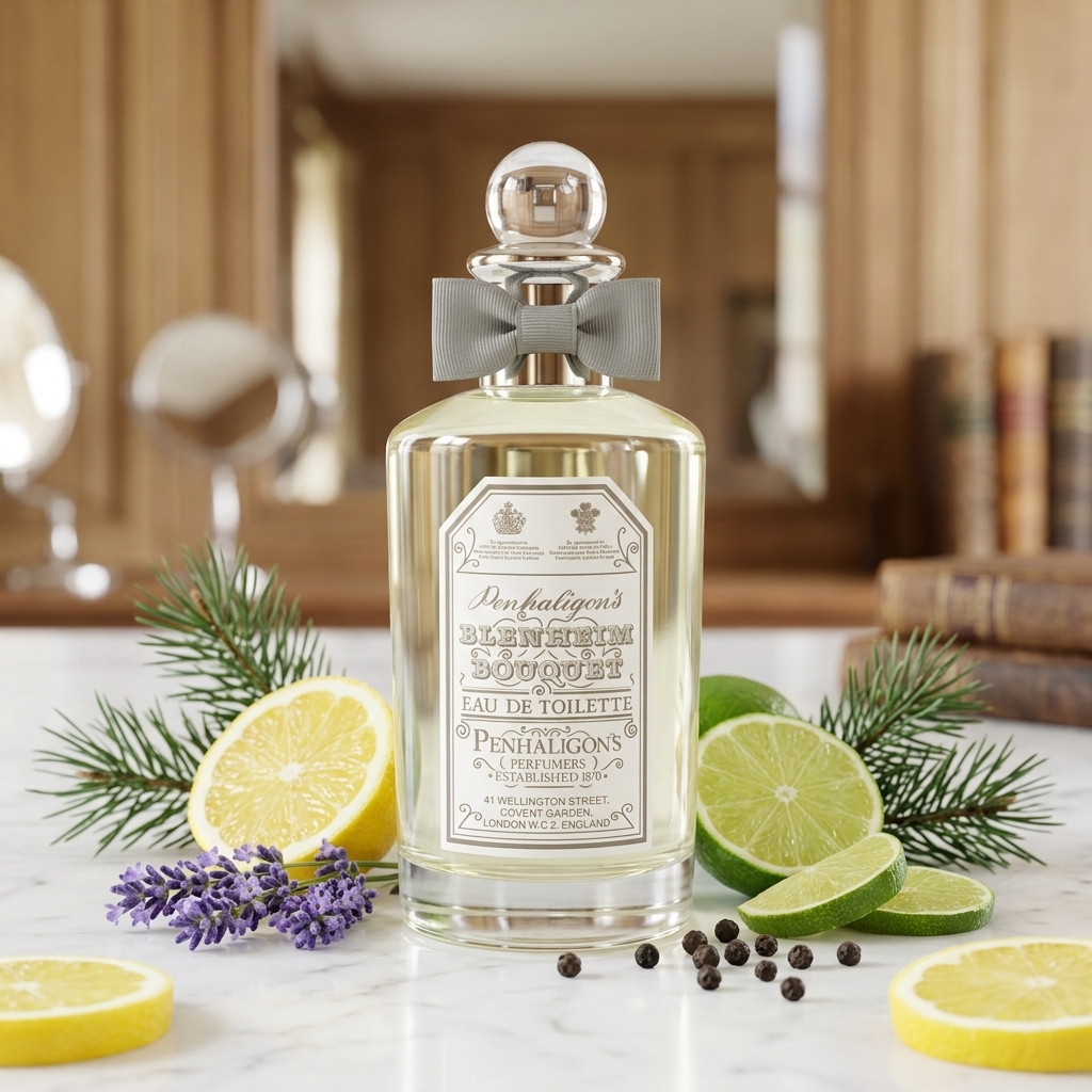 Frasco clásico de Penhaligon's Blenheim Bouquet con lazo gris y etiqueta de escudos reales sobre mármol con limón, lavanda y agujas de pino, estilo Casa Flores.