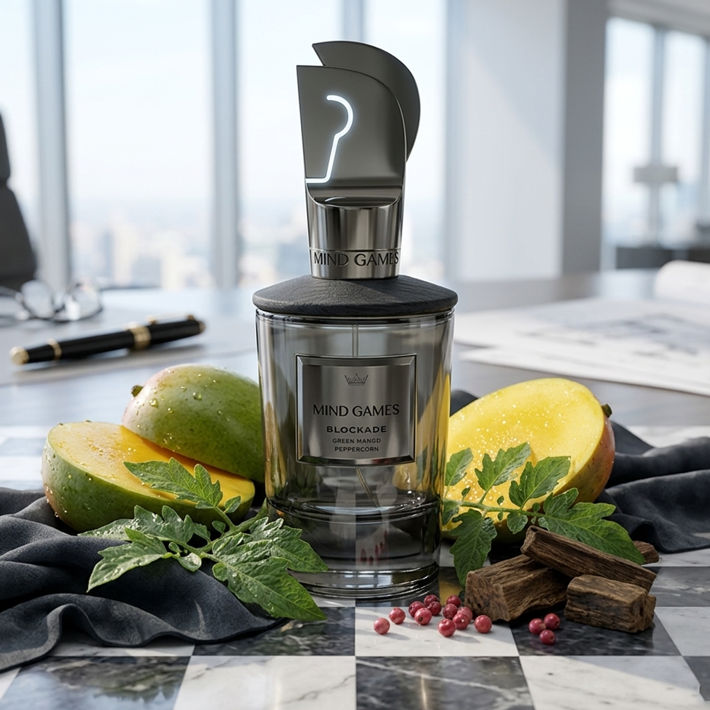 Frasco gris plomo de Mind Games Blockade sobre un tablero de ajedrez con mango verde, hojas de tomate, gamuza y oud, estilo Casa Flores.