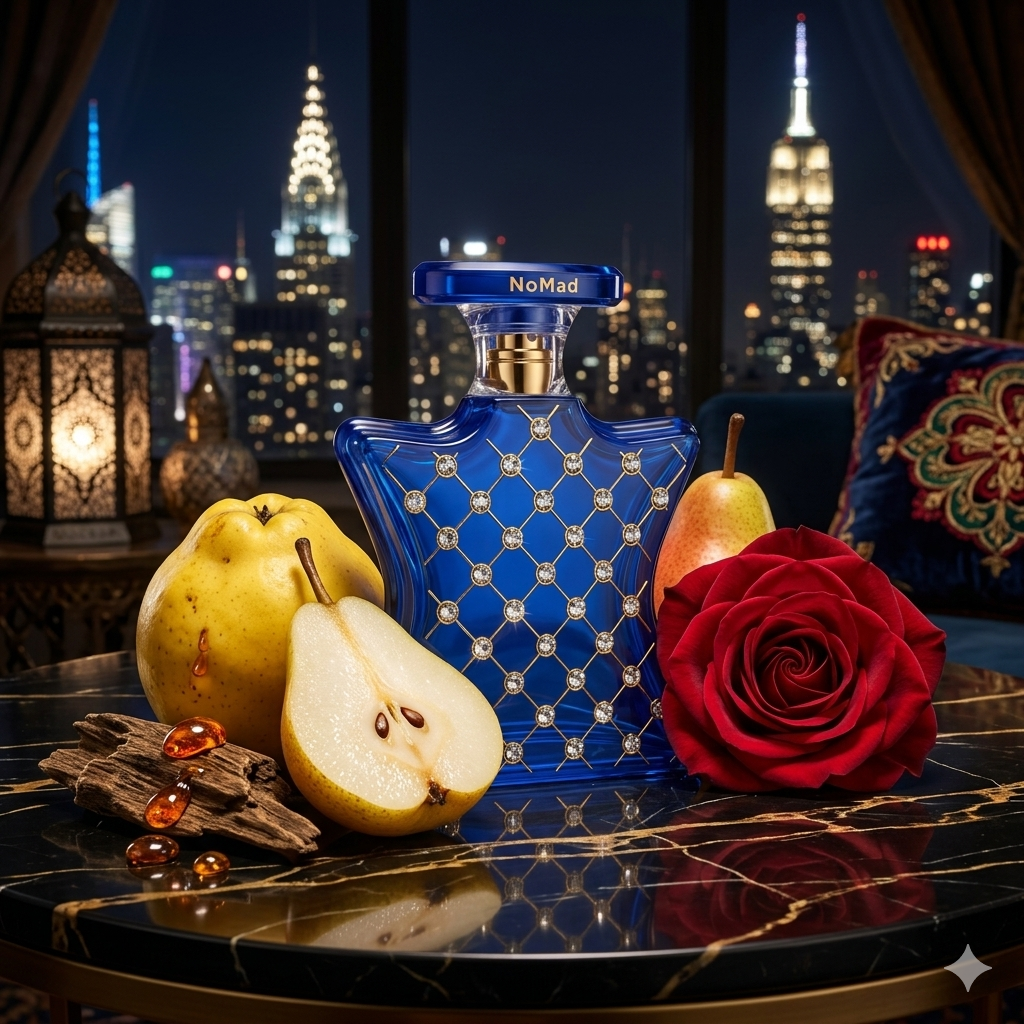 Frasco azul y dorado de Bond No. 9 Nomad sobre mármol con membrillo, rosa y madera de oud, estilo Casa Flores.