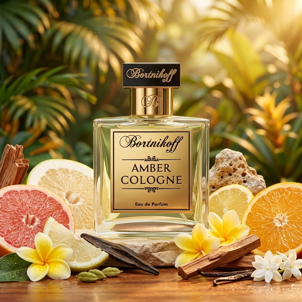 Frasco transparente con placa dorada de Bortnikoff Amber Cologne sobre madera con frangipani, toronja y ámbar gris, estilo Casa Flores.