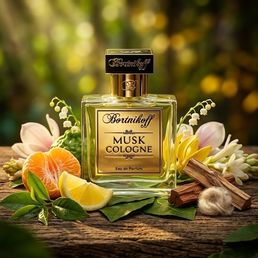 Frasco transparente con placa dorada de Bortnikoff Musk Cologne sobre madera con tangerina, té verde y almizcle natural, estilo Casa Flores.