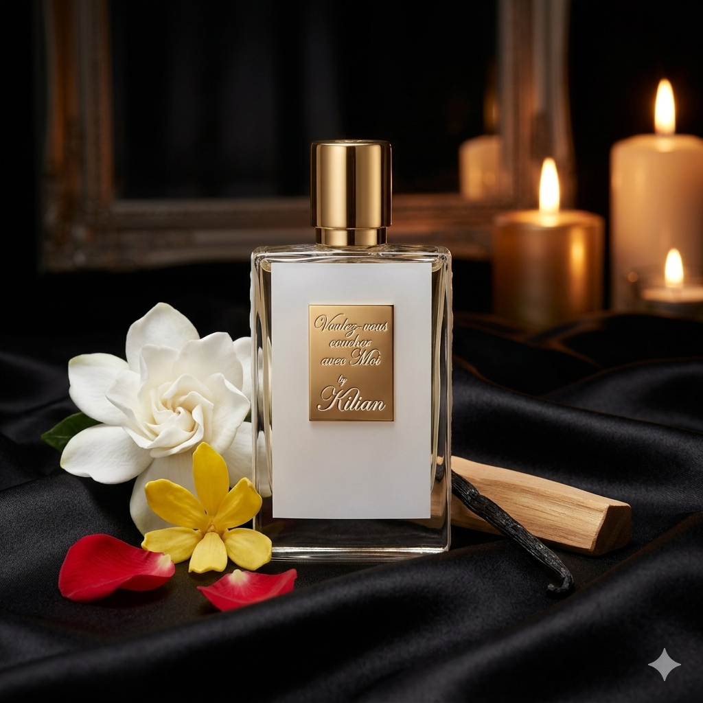 Frasco negro y dorado de By Kilian Voulez-Vous Coucher Avec Moi sobre satén oscuro con ylang-ylang, nardo cremoso y vainilla, estilo Casa Flores.