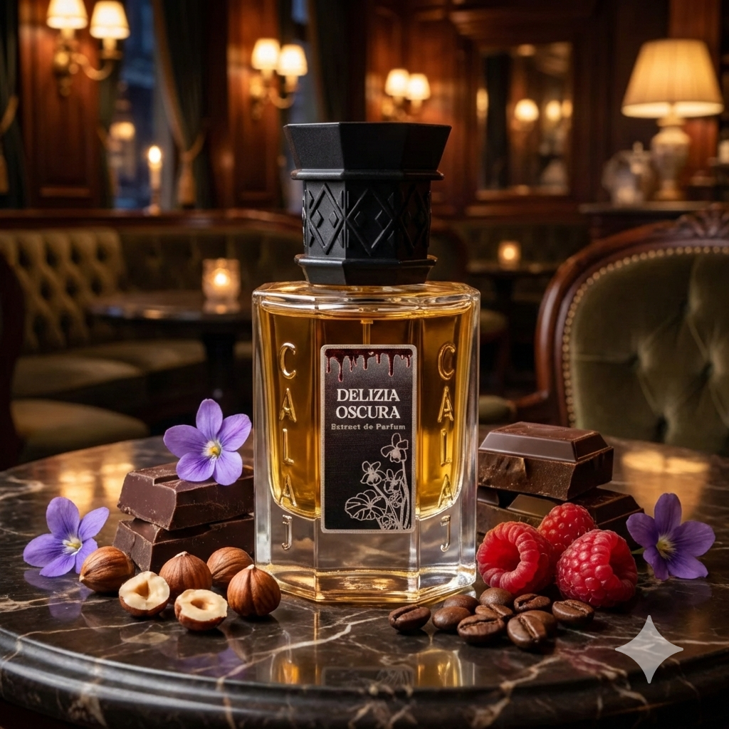 Frasco del perfume Calaj Delizia Oscura rodeado de chocolate negro, avellanas, granos de café y flores de violeta.