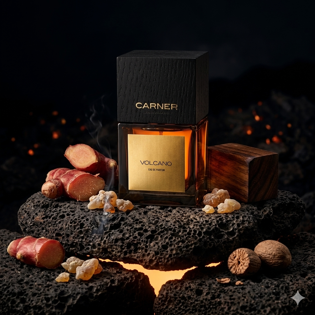 Frasco negro y madera de Carner Barcelona Volcano sobre piedra volcánica con jengibre, incienso y oud, estilo Casa Flores.