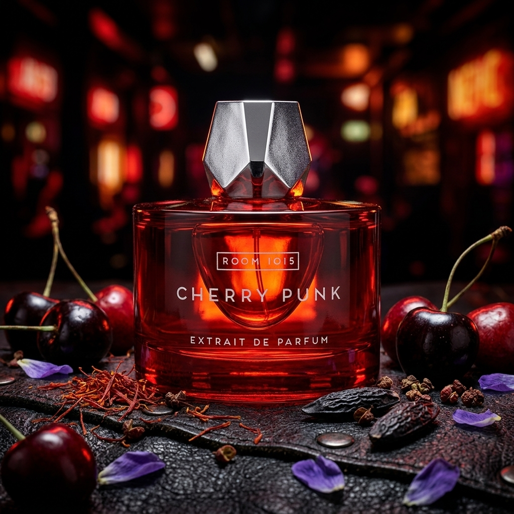 Frasco de cristal rojo con tapón plateado facetado de Room 1015 Cherry Punk Extrait sobre cuero con cerezas oscuras y azafrán, estilo Casa Flores.