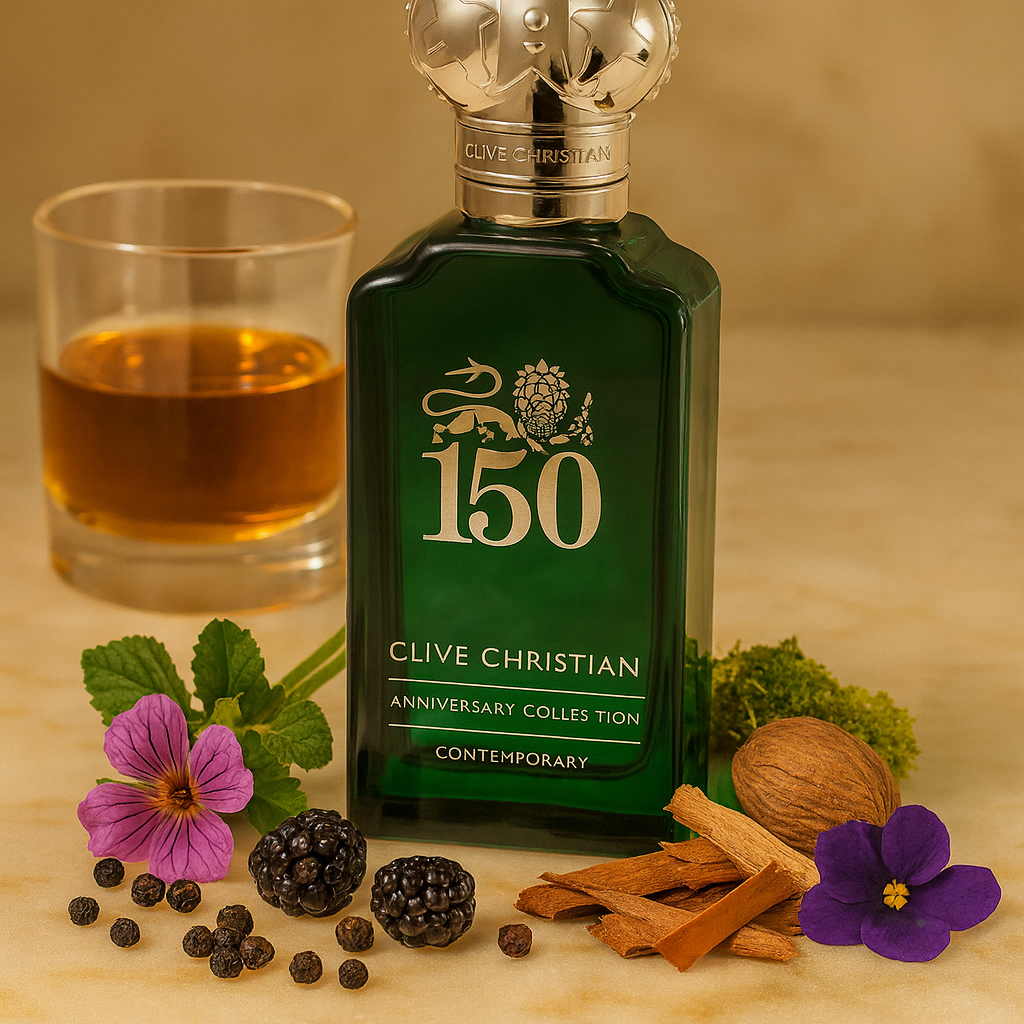 Frasco plateado de Clive Christian Contemporary 150th Anniversary sobre cristal, estilo Casa Flores.