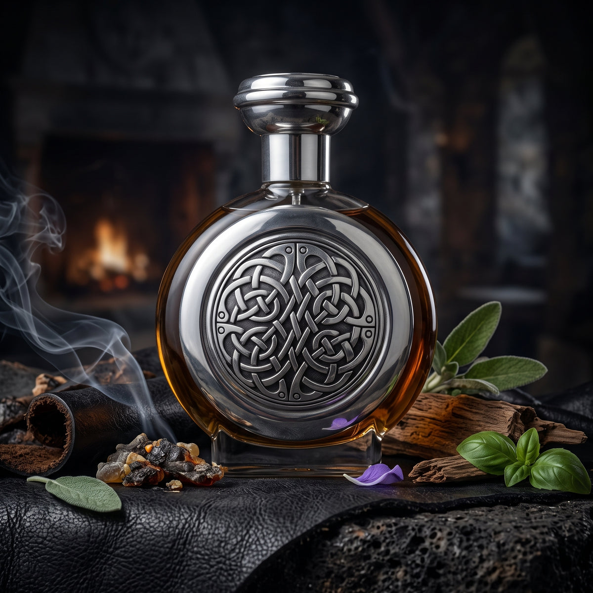 Frasco circular de cristal con escudo celta plateado de Complex de Boadicea the Victorious, rodeado de cuero oscuro, humo de incienso y madera de oud, estilo Casa Flores.