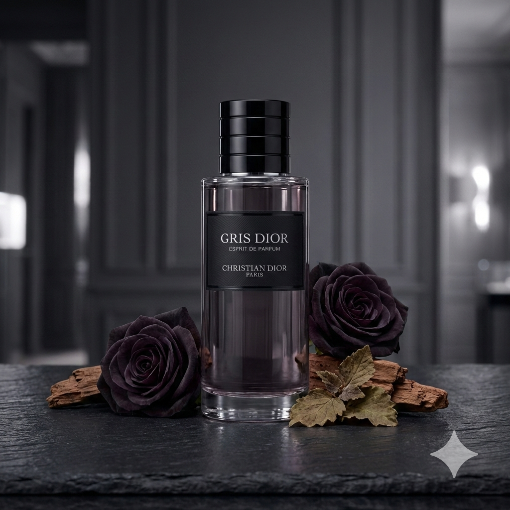 Frasco del perfume Dior Gris Dior Esprit de Parfum con líquido oscuro, rodeado de rosas búlgaras, madera de cedro y pachulí en un ambiente gris y elegante.
