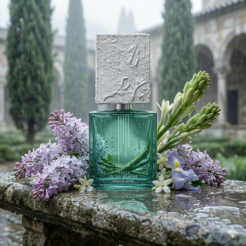Frasco de Filippo Sorcinelli Lascia ch'io pianga sobre piedra húmeda con flores blancas, lila, nardo y lágrimas de rocío, estilo Casa Flores.
