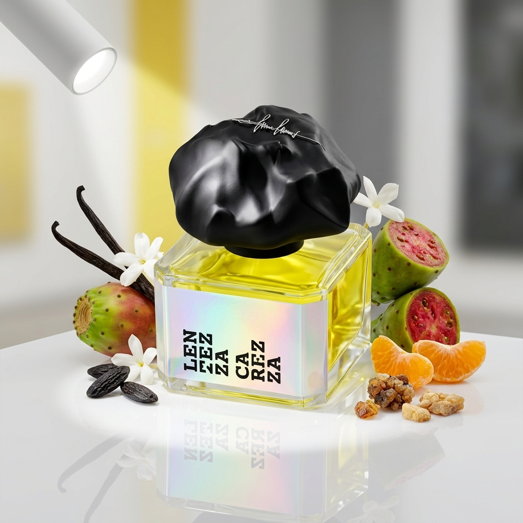 Frasco con etiqueta holográfica y tapón negro escultural de Lentezza Carezza sobre fondo minimalista con vainilla, higo chumbo y jazmín, estilo Casa Flores.