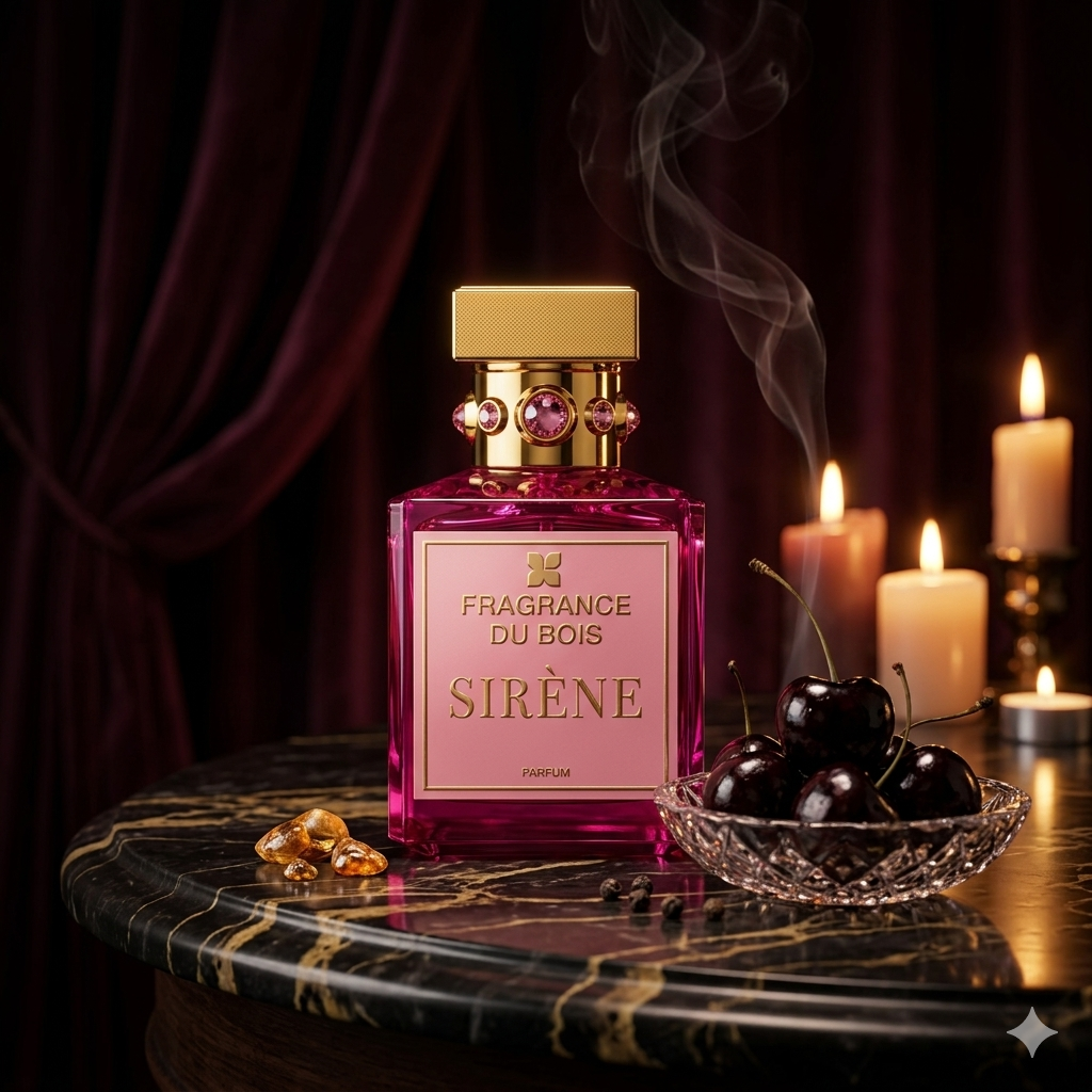 Frasco rosado de Fragrance Du Bois Sirène sobre mármol negro con cerezas oscuras, incienso y maderas cremosas, estilo Casa Flores.