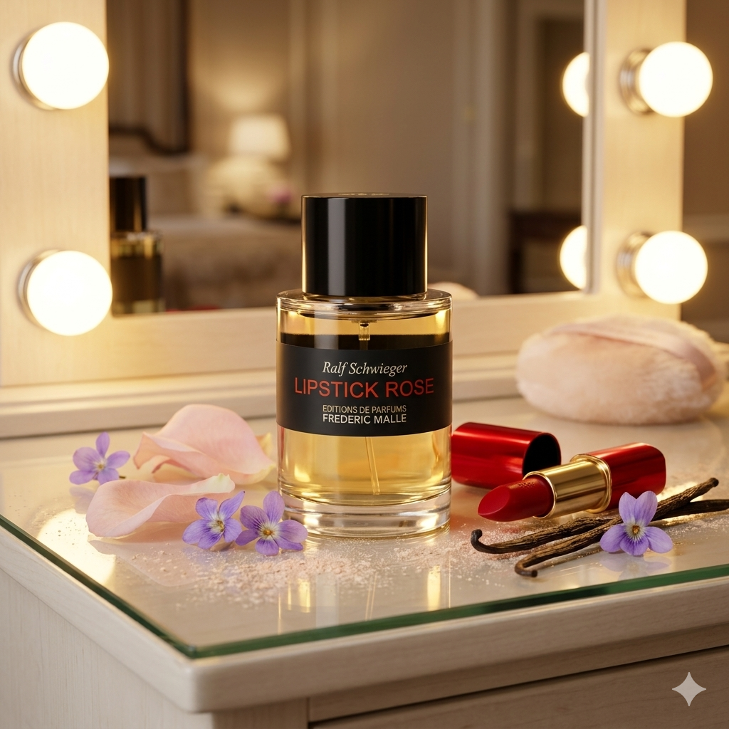 Frasco de Frédéric Malle Lipstick Rose en un tocador de Hollywood con pétalos de rosa, violetas y una barra de labios clásica, estilo Casa Flores.