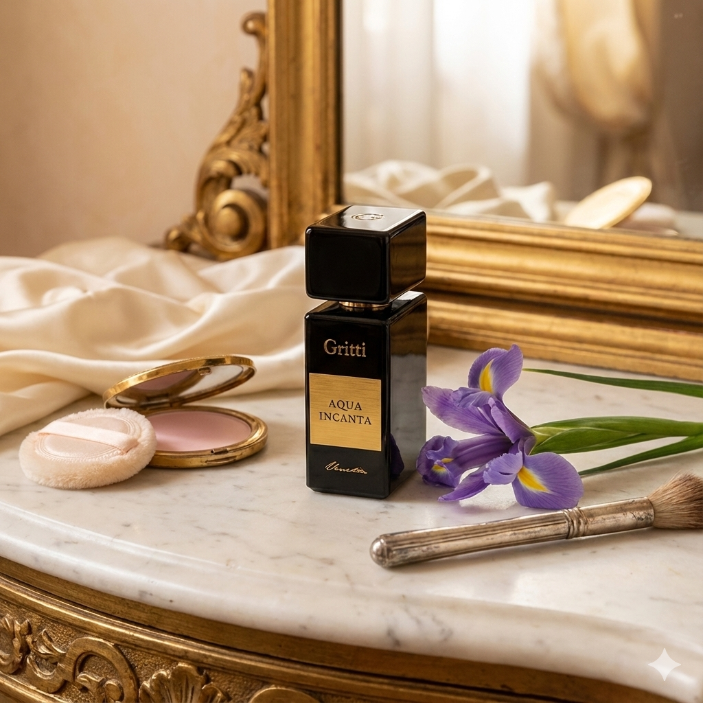 Frasco oscuro del perfume Gritti Aqua Incanta en un tocador lujoso, rodeado de flores de iris, rosas rosadas, vainilla y polvos de maquillaje.