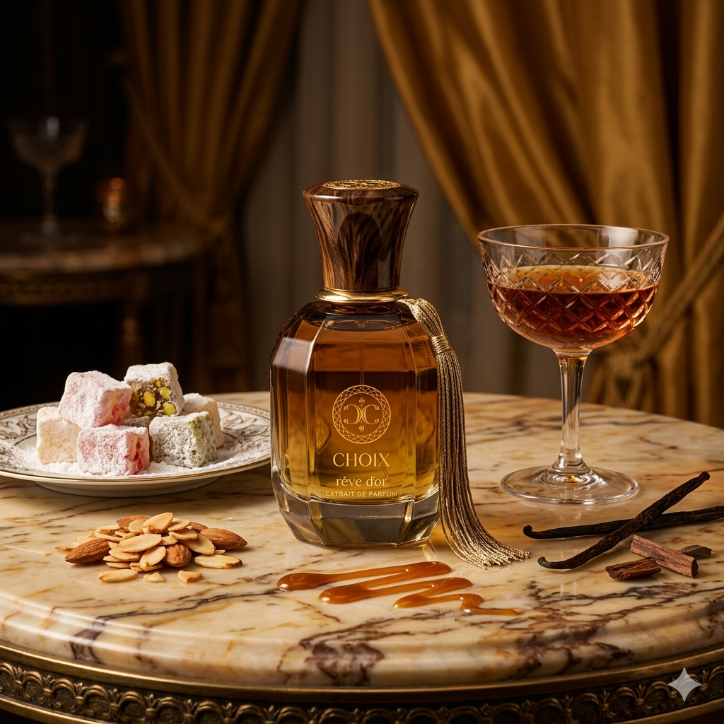 Frasco de Gritti Rêve d'Or rodeado de delicias turcas, ron y caramelo, estilo Casa Flores.