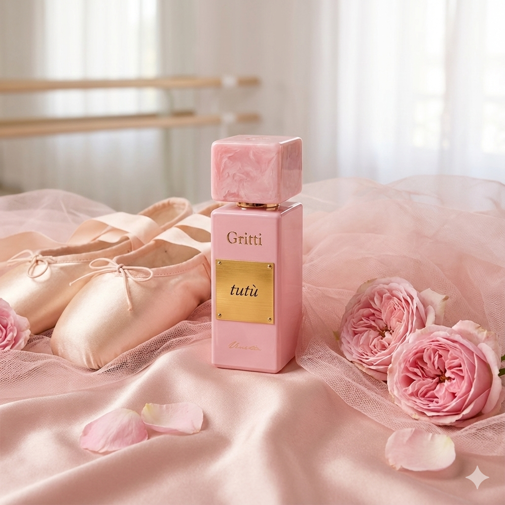 Frasco turquesa del perfume Gritti Tutù Pink con tapón de mármol blanco y dorado.