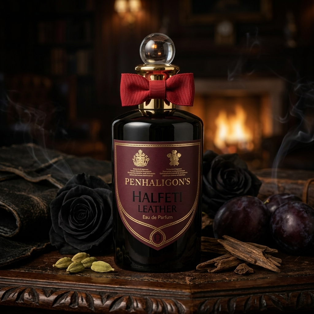 Frasco oscuro de boticario de Penhaligon's Halfeti Leather con lazo rojo borgoña y cuello dorado sobre cuero antiguo con rosas negras y especias, estilo Casa Flores.