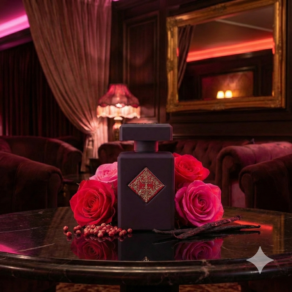 Frasco morado oscuro mate del perfume Initio Atomic Rose rodeado de rosas vibrantes, vainilla y pimienta rosa en un entorno sensual y de lujo.