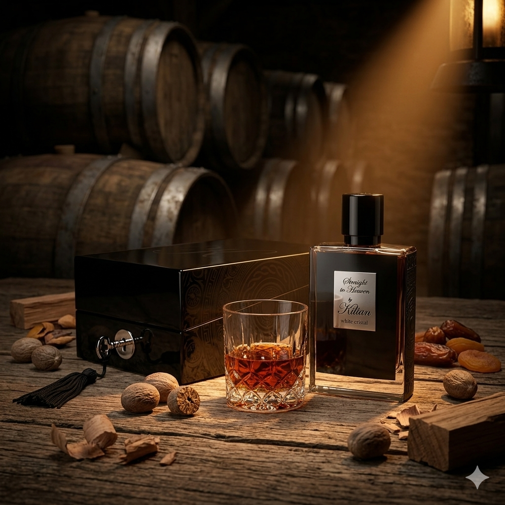 Frasco y coffret de Kilian Straight to Heaven sobre madera de cedro con ron y nuez moscada, estilo Casa Flores.