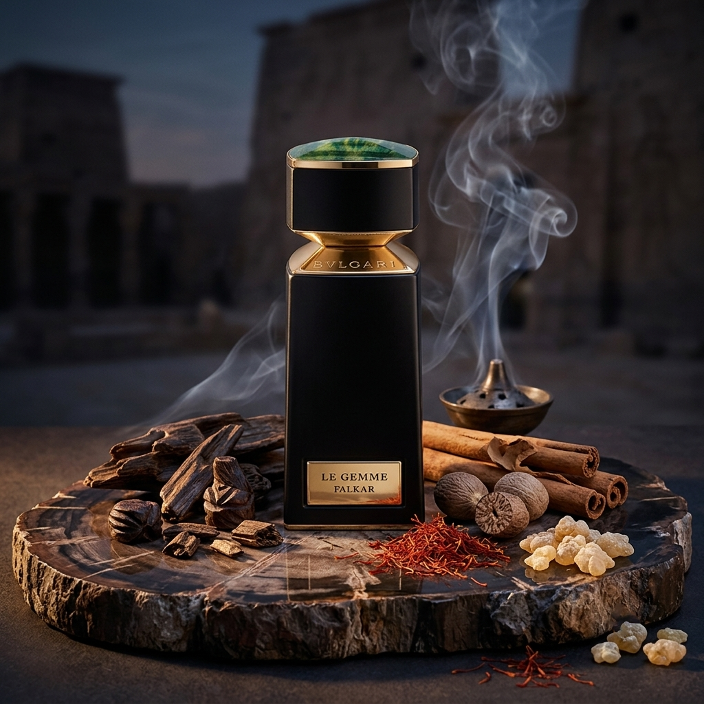 Frasco obelisco negro de Bvlgari Le Gemme Falkar con piedra ojo de halcón sobre madera oscura con madera de oud, incienso, especias y azafrán, estilo Casa Flores.