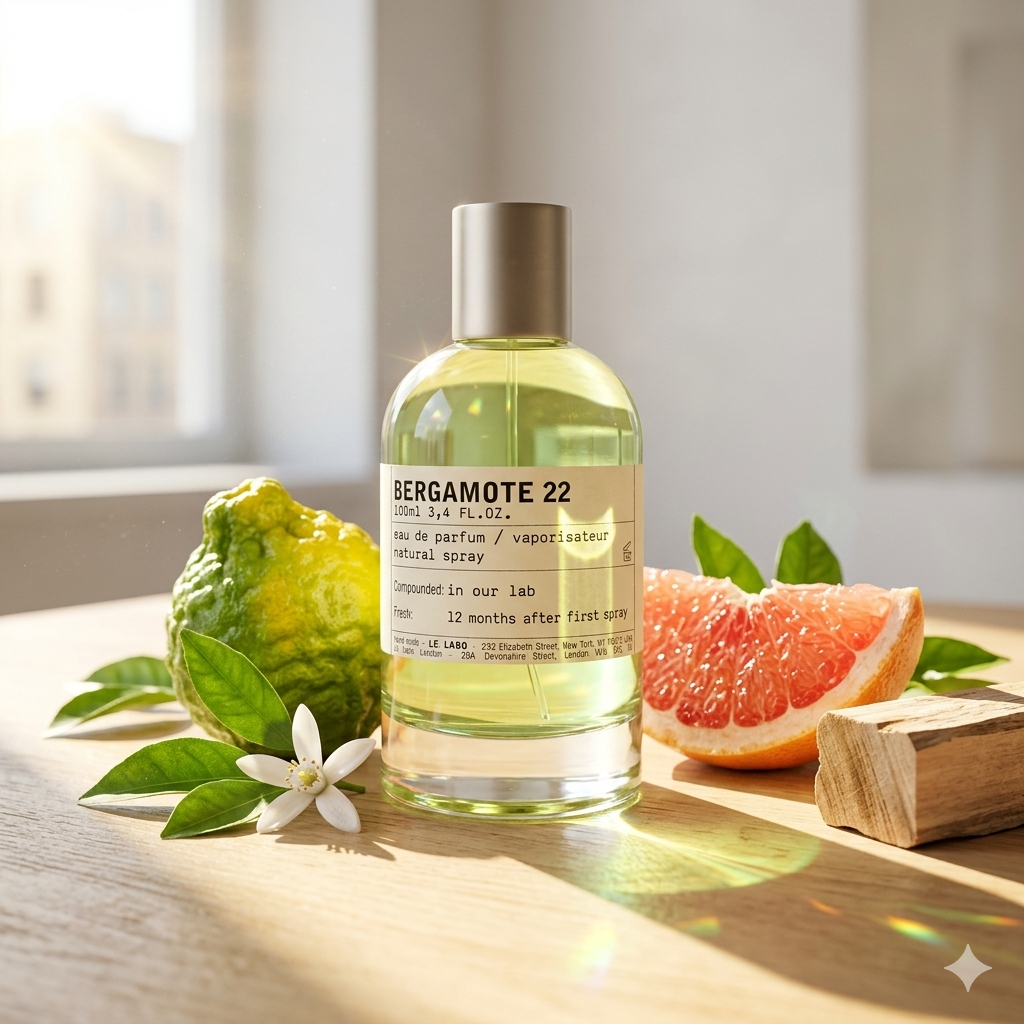 Frasco de botica de Le Labo Bergamote 22 al sol con bergamota, toronja y hojas de petitgrain, estilo Casa Flores.