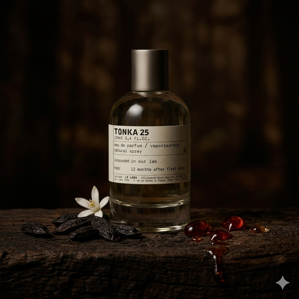 Frasco de botica de Le Labo Tonka 25 sobre cedro oscuro con haba tonka tostada, lágrimas de estoraque y flor de azahar, estilo Casa Flores.