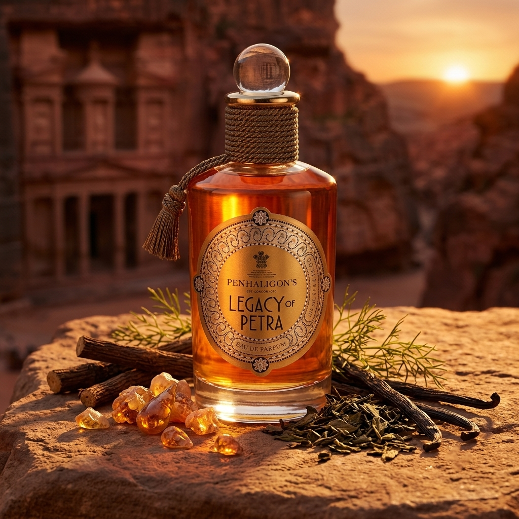 Frasco clásico de Penhaligon's Legacy of Petra con borla y etiqueta dorada sobre piedra arenisca con mirra, regaliz y té verde, estilo Casa Flores.