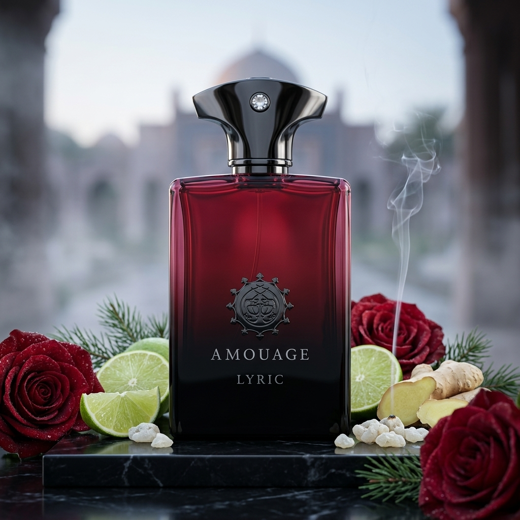 Frasco rojo a negro degradado de Amouage Lyric Man con tapón oscuro sobre mármol con rosas frescas, incienso, lima y jengibre, estilo Casa Flores.