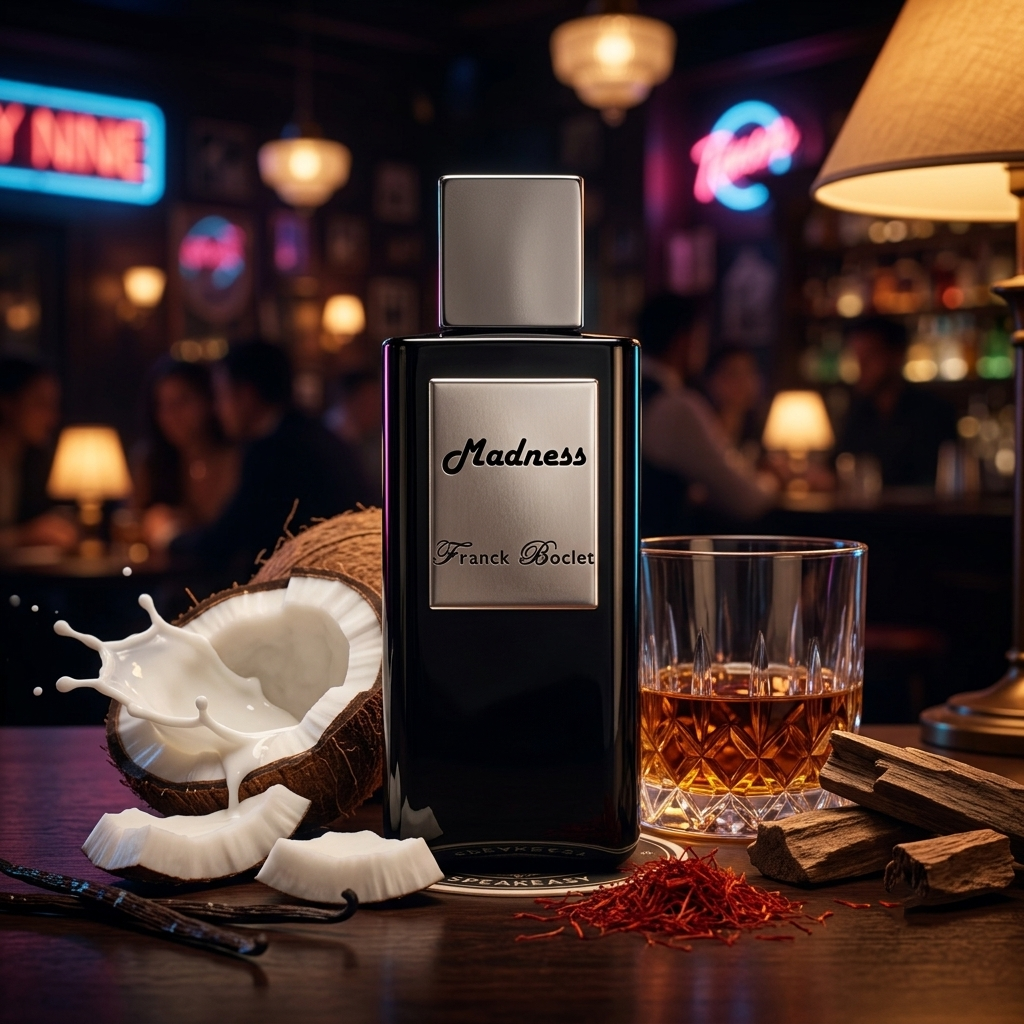 Frasco grueso de Franck Boclet Madness sobre barra de madera oscura con coco, ron, vainilla, azafrán y madera de oud, estilo Casa Flores.