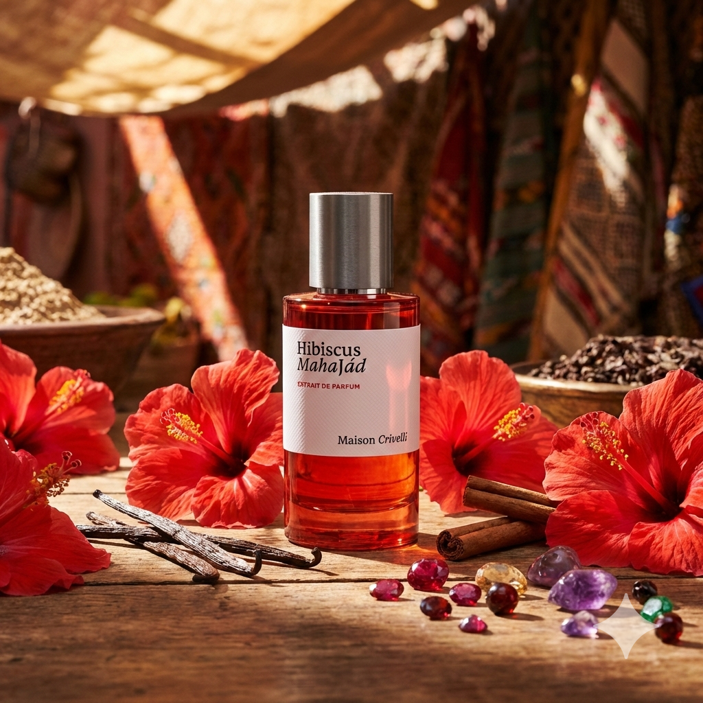Frasco de perfume Maison Crivelli Hibiscus Mahajad con líquido de color rojizo intenso.