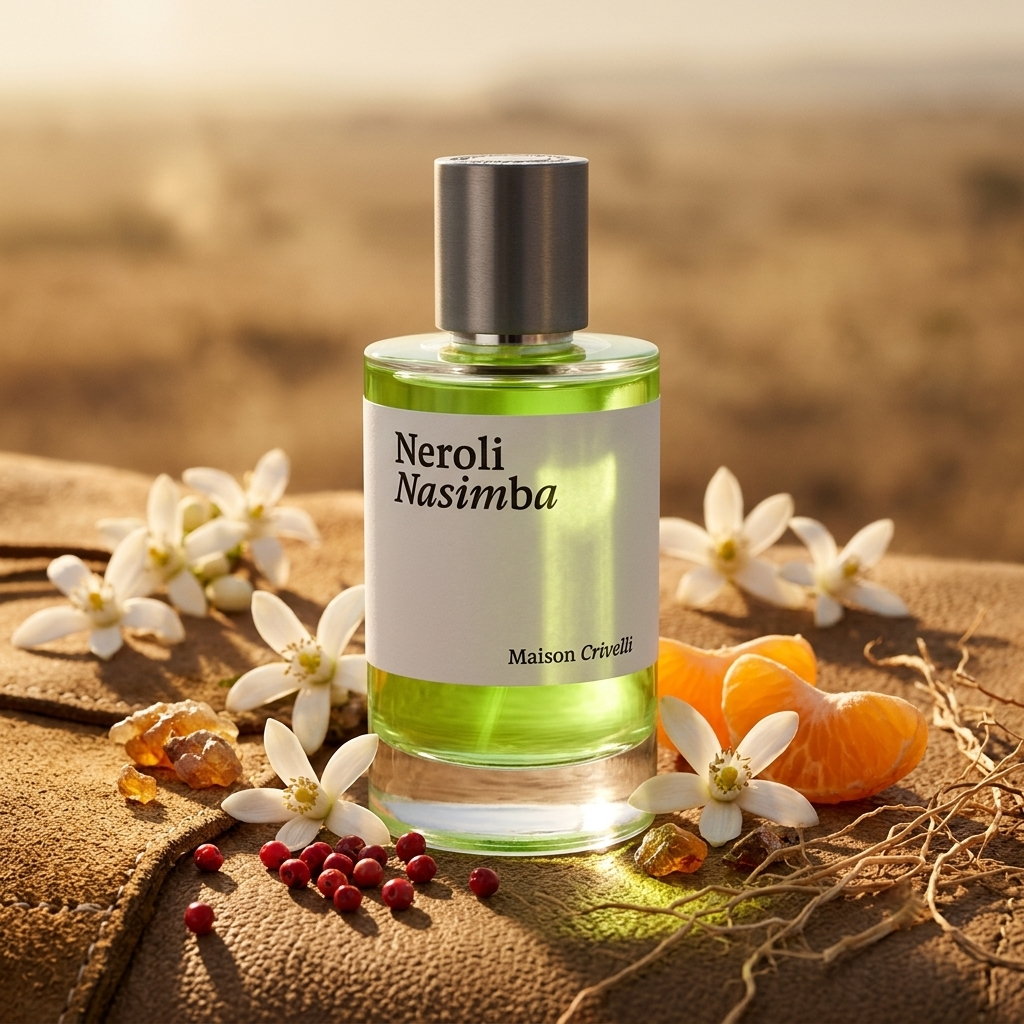Frasco transparente con líquido verde de Maison Crivelli Neroli Nasimba sobre cuero crudo con flor de azahar, ládano y vetiver, estilo Casa Flores.