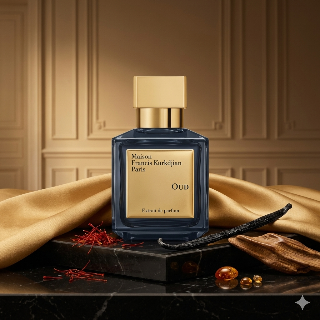 Frasco dorado de Maison Francis Kurkdjian Oud Extrait sobre mármol negro con azafrán, vainilla y madera de oud, estilo Casa Flores.