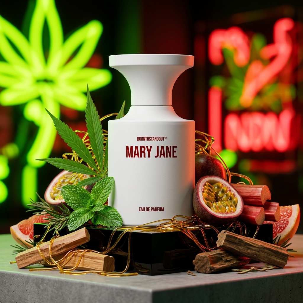 Frasco blanco de BORNTOSTANDOUT Mary Jane con letras rojas rodeado de hojas de cannabis, menta, maracuyá, maderas y caramelo líquido, estilo Casa Flores.