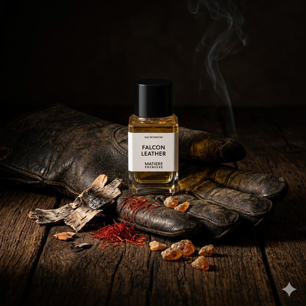 Frasco de Matiere Premiere Falcon Leather sobre un grueso guante de cuero de cetrería con corteza de abedul, azafrán y benjuí, estilo Casa Flores.