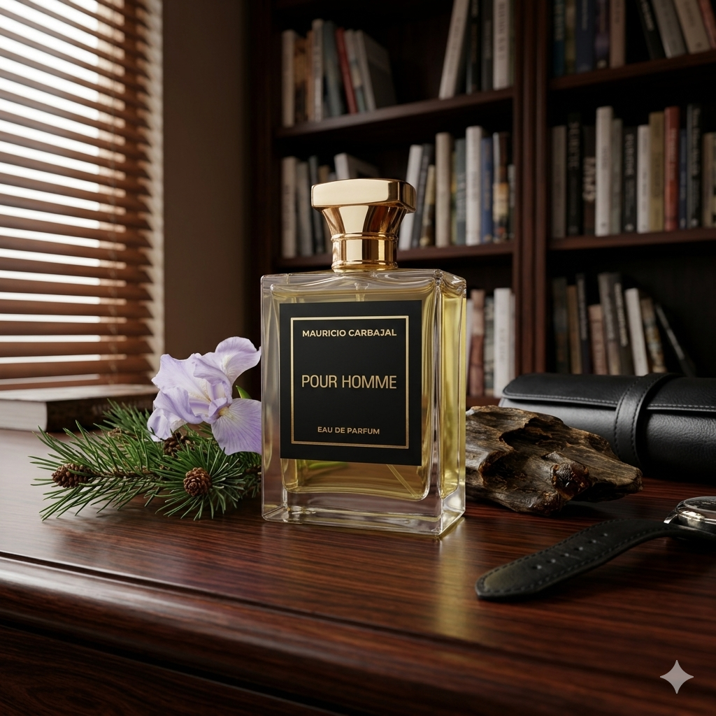 Frasco de Pour Homme Mauricio Carbajal rodeado de ramas de pino y cuero fino, estilo Casa Flores.