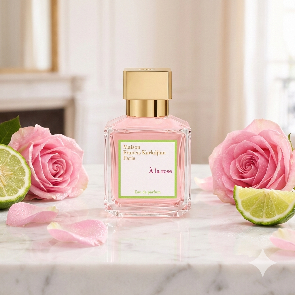 Frasco elegante del perfume Maison Francis Kurkdjian À la rose rodeado de rosas rosadas frescas, bergamota y rocío matutino.