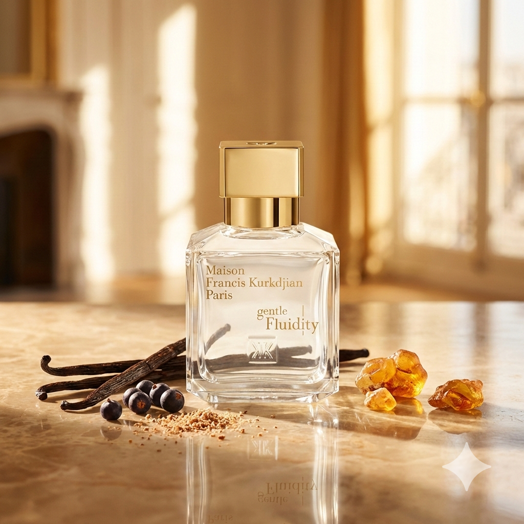 Frasco elegante del perfume Maison Francis Kurkdjian Gentle Fluidity Gold rodeado de vainas de vainilla, bayas de enebro y una cálida luz dorada.