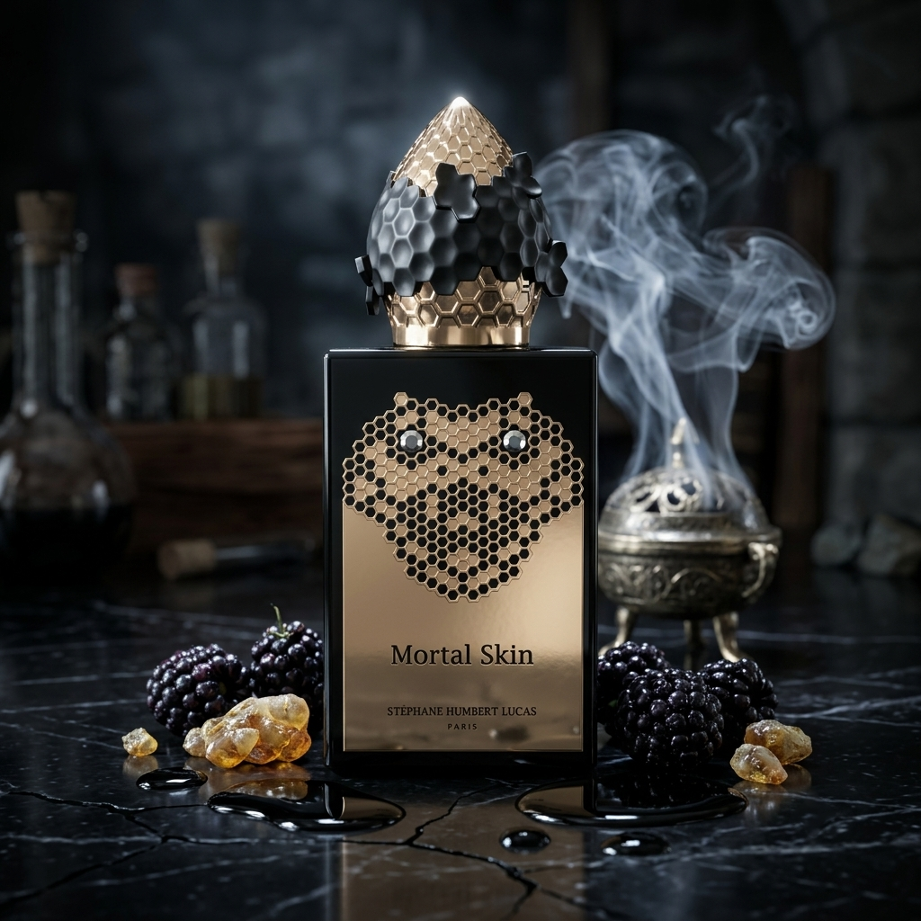 Frasco negro y dorado de Stéphane Humbert Lucas Mortal Skin con patrón de panal sobre mármol con tinta y zarzamoras, estilo Casa Flores.