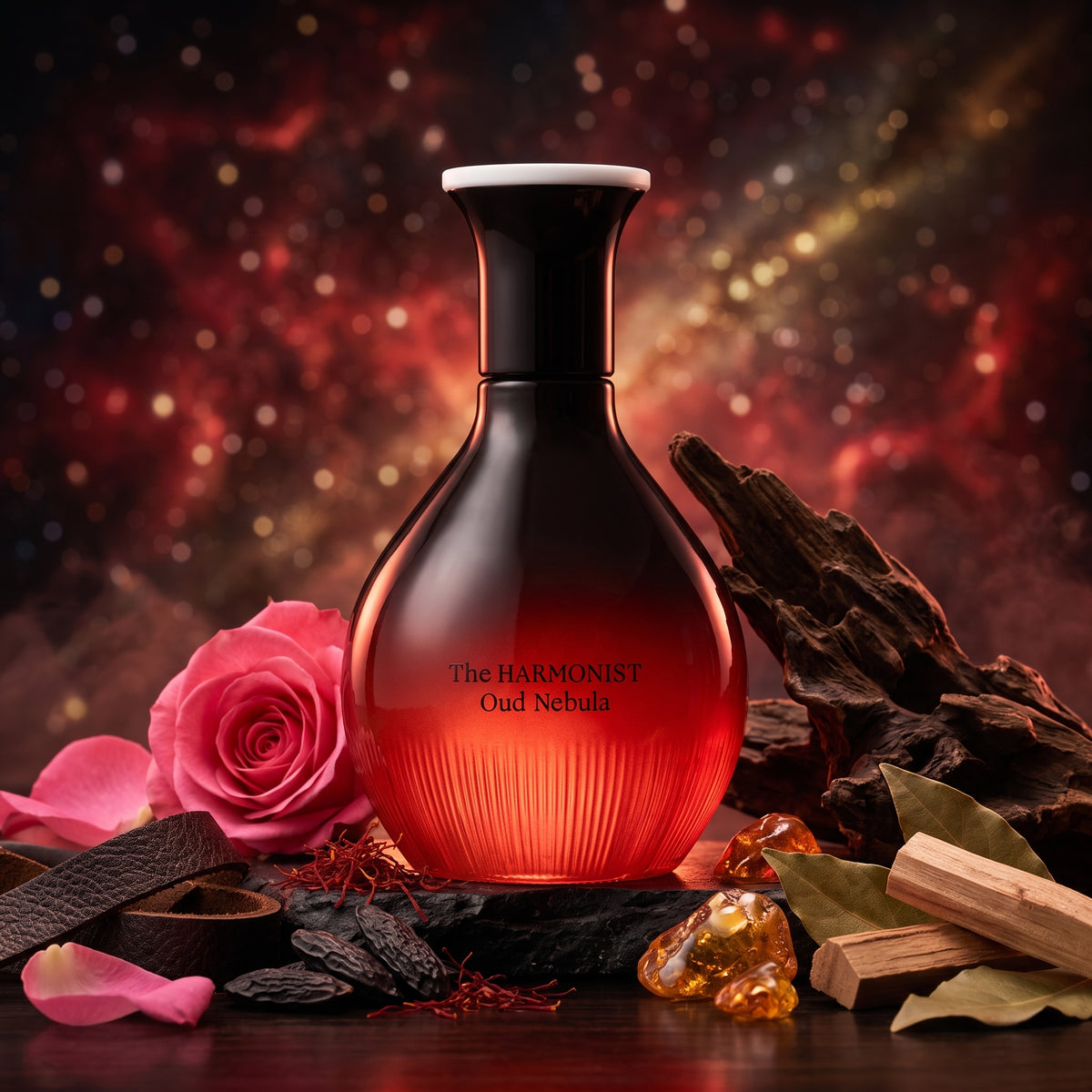 Frasco degradado de rojo a negro de Oud Nebula de The Harmonist sobre superficie oscura con madera de oud, rosa de Bulgaria y azafrán, estilo Casa Flores.