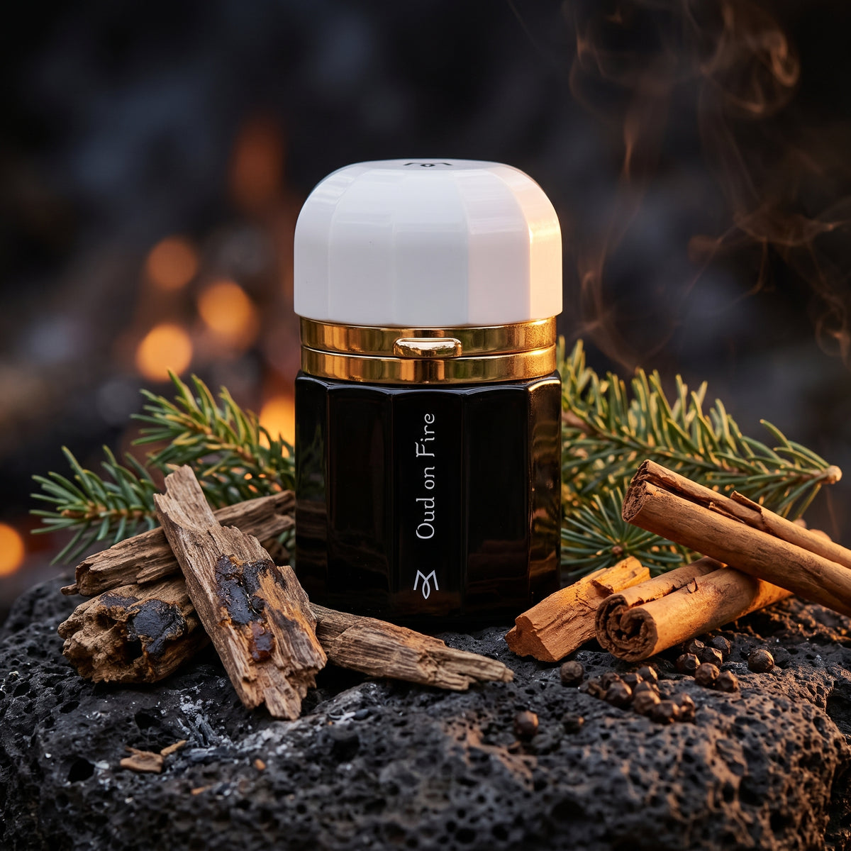Frasco octogonal negro brillante con tapón blanco y anillos dorados de Oud On Fire de Ramon Monegal, rodeado de oud, amberwood, canela y abeto, estilo Casa Flores.
