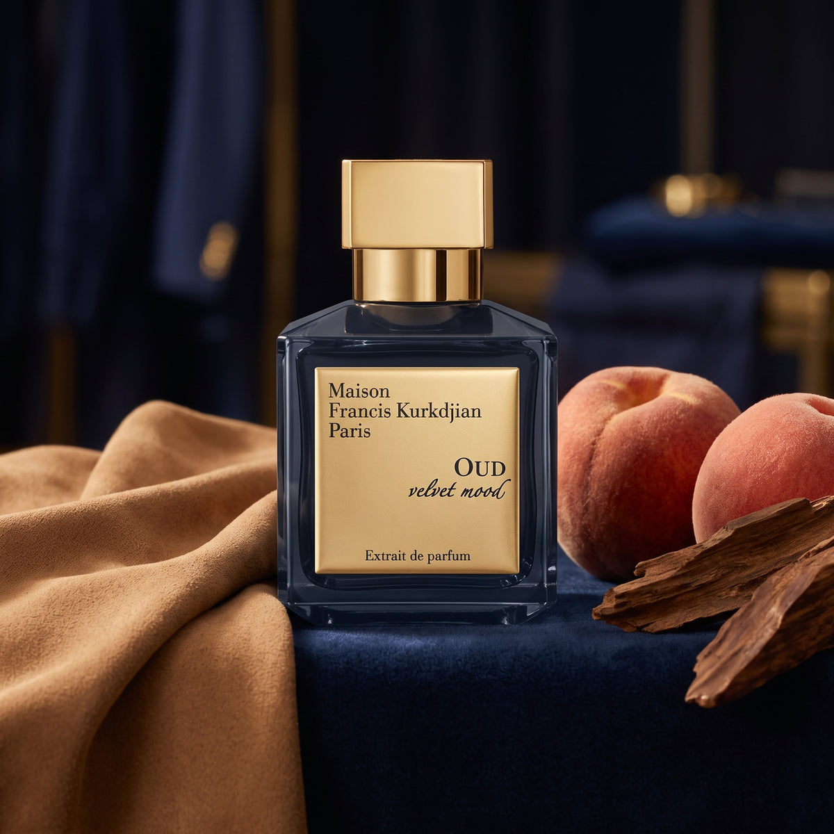 Frasco cuadrado azul muy oscuro con placa dorada y tapón dorado de Oud Velvet Mood de Maison Francis Kurkdjian, rodeado de gamuza, madera de oud y durazno, estilo Casa Flores.