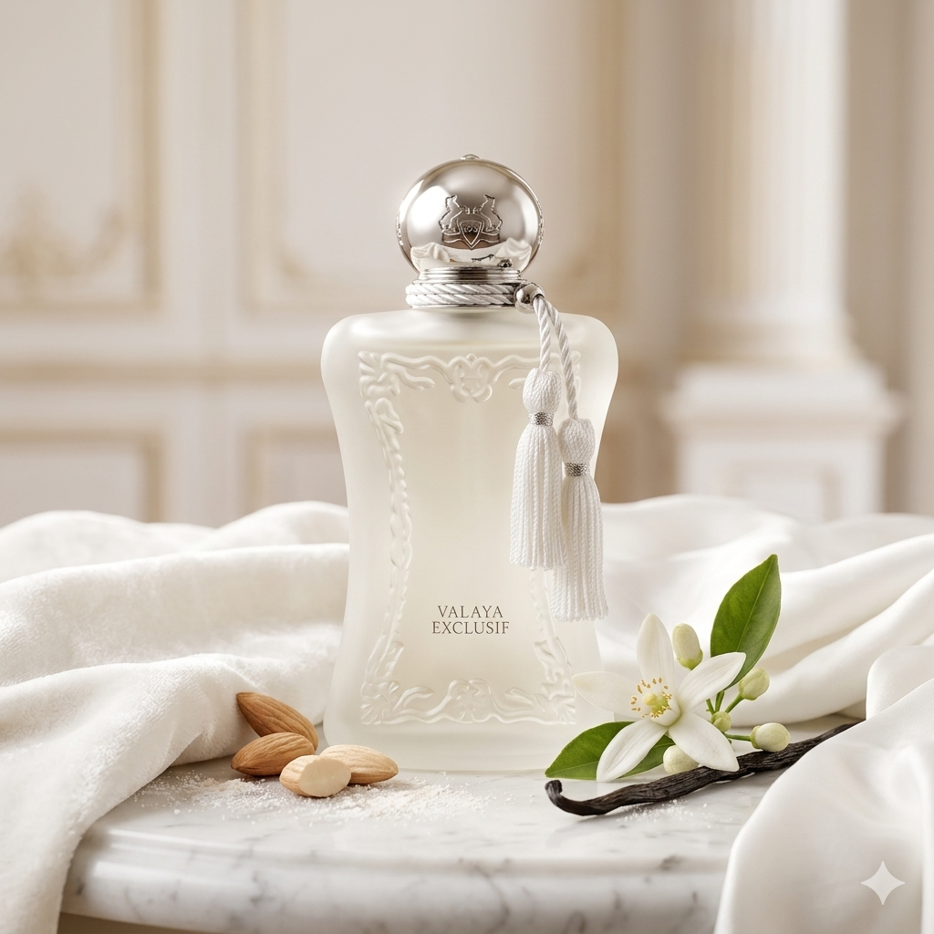 Frasco de Parfums de Marly Valaya Exclusif sobre terciopelo blanco con almendras y flores de azahar, estilo Casa Flores.