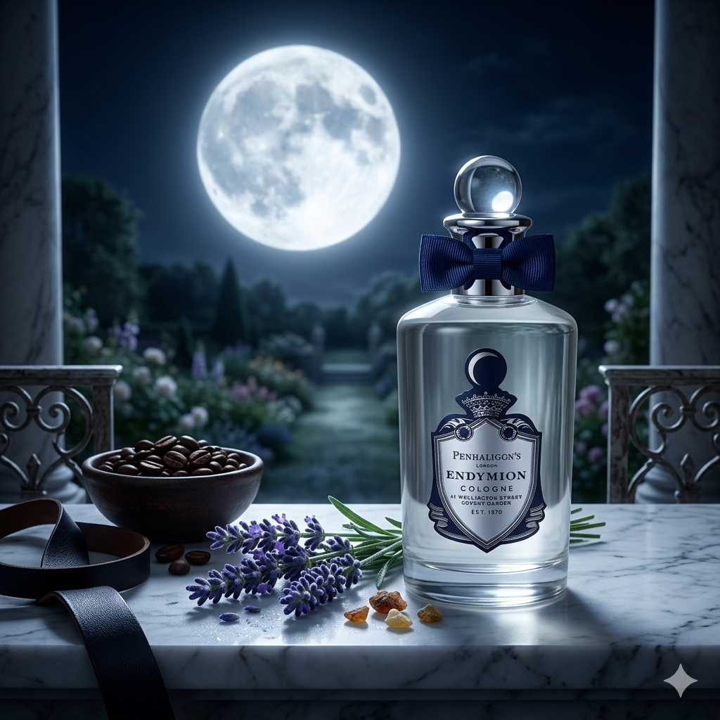 Frasco de Penhaligon's Endymion bajo la luz de la luna con lavanda, granos de café, cuero y mirra, estilo Casa Flores.