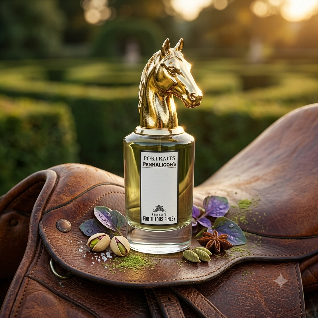 Frasco de Penhaligon's Fortuitous Finley con tapón de caballo sobre cuero de montar con pistachos salados, hojas de violeta y té matcha, estilo Casa Flores.